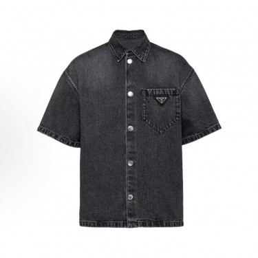 프라다 단색 로고 데님 루즈핏 반팔 셔츠 (X공장)