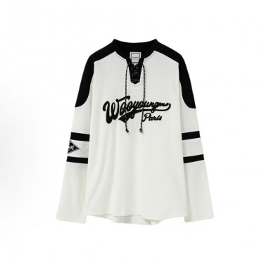 우영미 레터 드롭숄더 브이넥 스트랩 긴팔 티셔츠 남성용 화이트