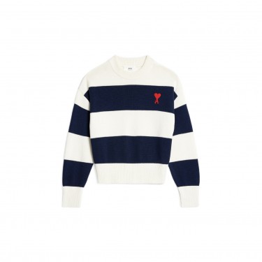 아미파리 배색 스트라이프 로고 자수 크루넥 긴팔 니트 스웨터 남성 블루화이트 (탑아미공장)