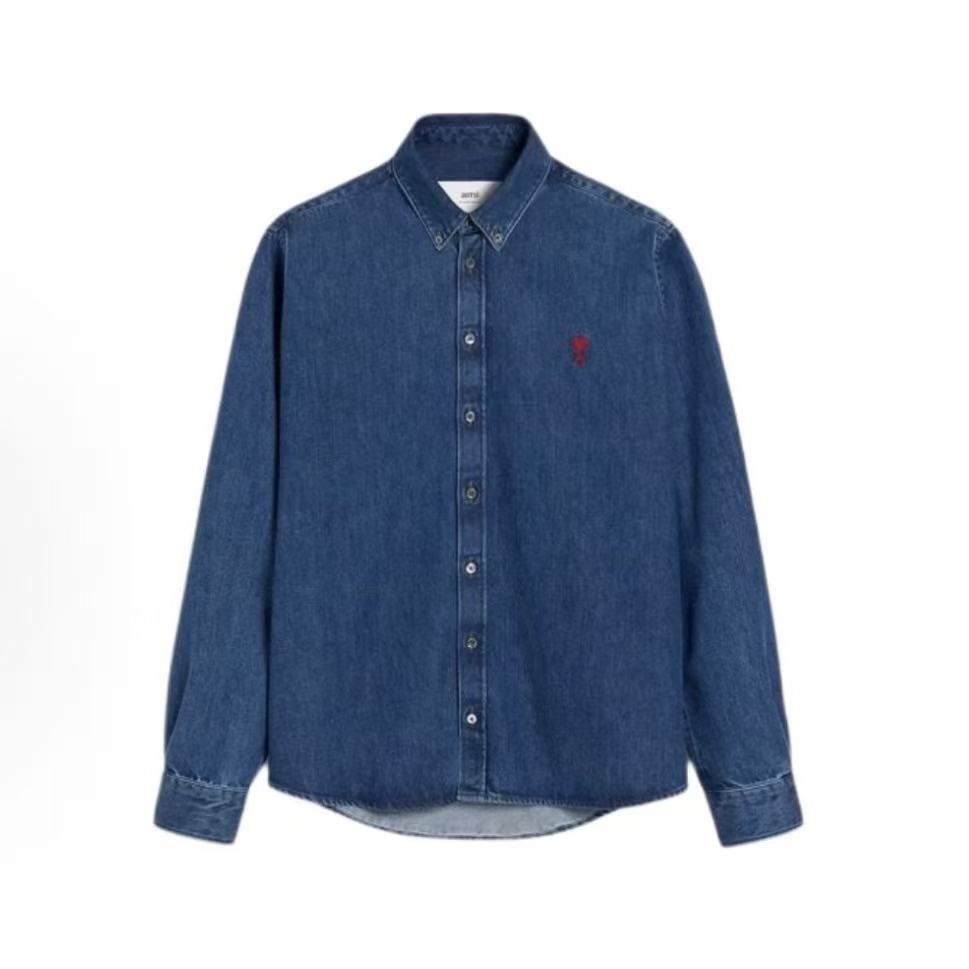 아미파리 FW24 레드 하트 캐주얼 루즈핏 데님 긴팔 셔츠 남녀공용 워시드 블루 (탑아미공장)