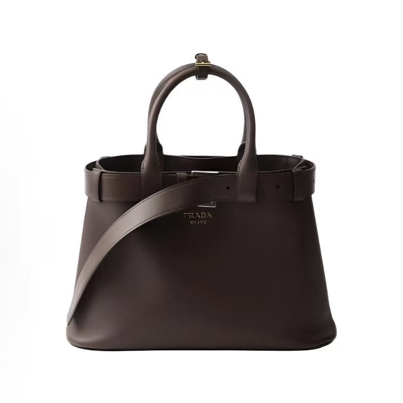 프라다 버클 엠보 레터링 로고 가죽 토트백 미디엄 1BA434 브라운