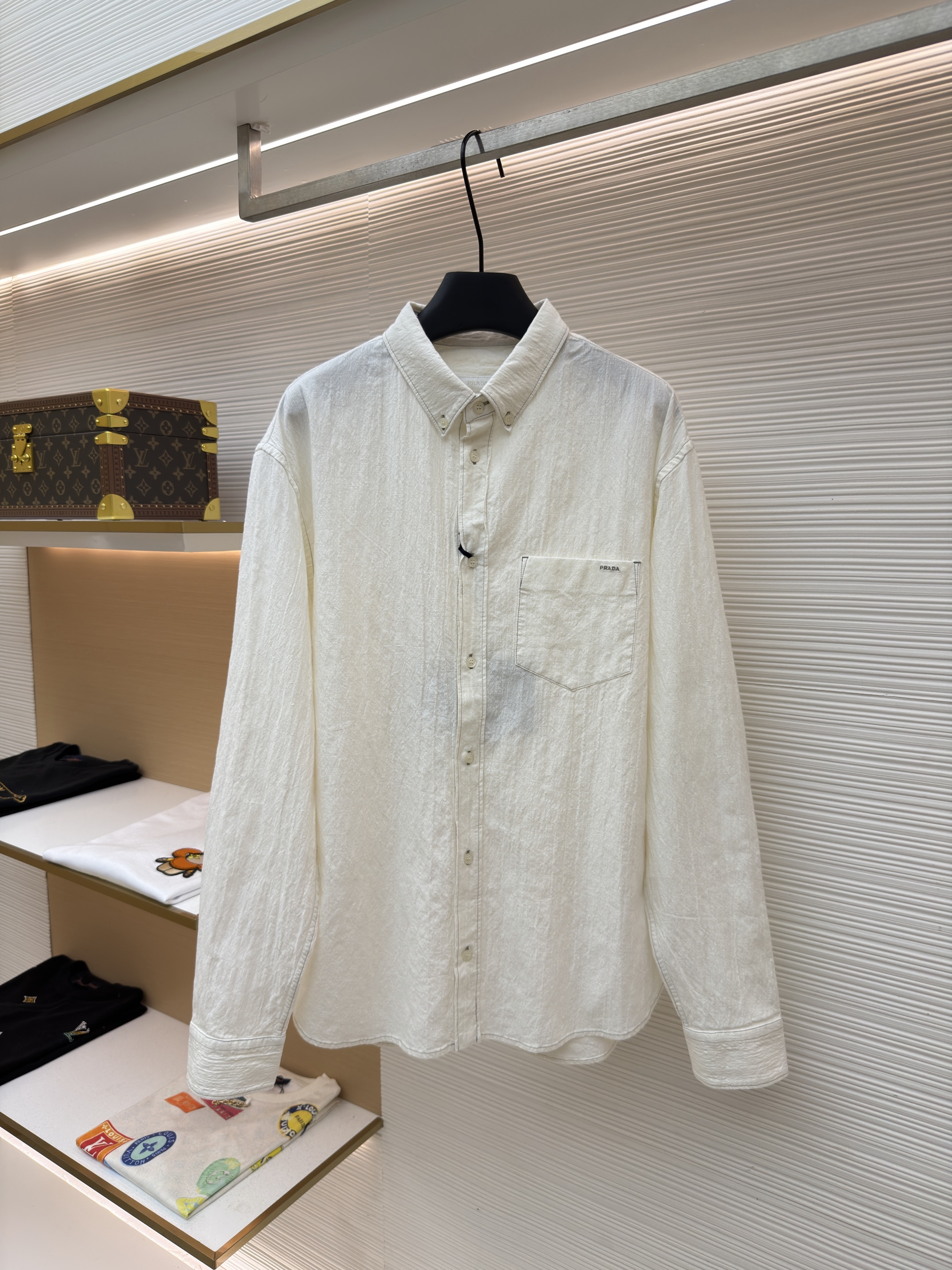 프라다 Prada 포켓 로고 자수 코튼 린넨 셔츠